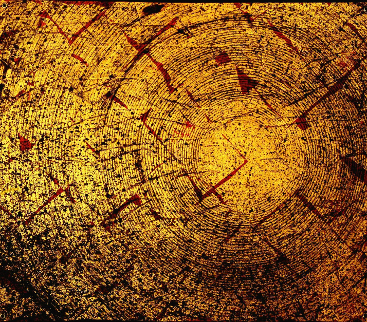 Jake Lever - Black ink and gold leaf Collagraph print of finely etched circles radiating out from a central focus.