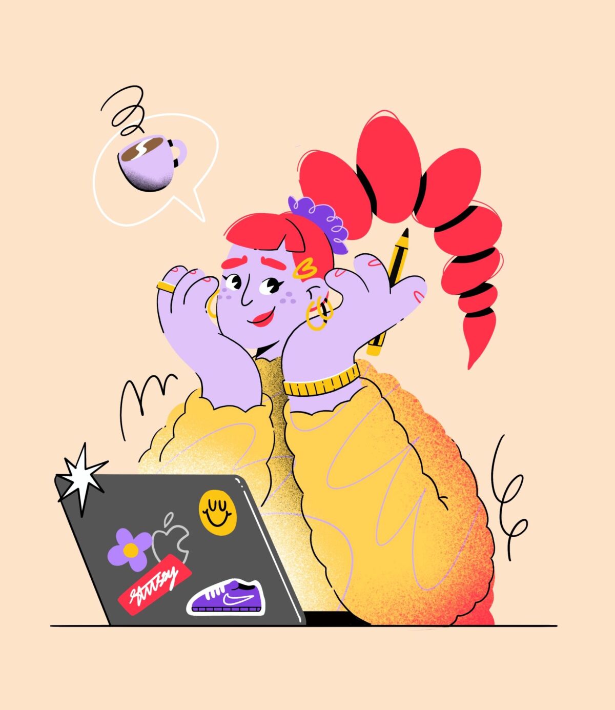 Illustration of a character working at a laptop